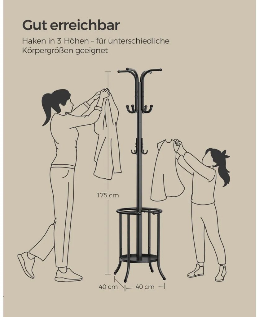 Álló fém ruhafogas, esernyőtartóval, 12 akasztóval, fekete 175 cm magas