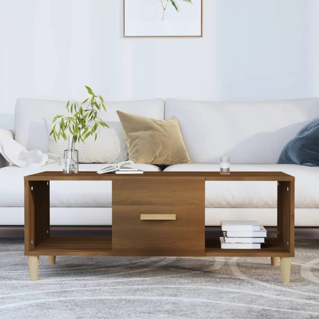 Barna tölgyszínű szerelt fa dohányzóasztal 102 x 50 x 40 cm
