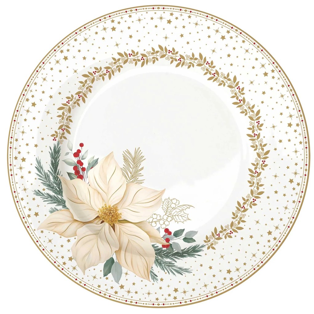 Karácsonyi porcelán desszertes tányér fehér arany mikulásvirág White Elegance