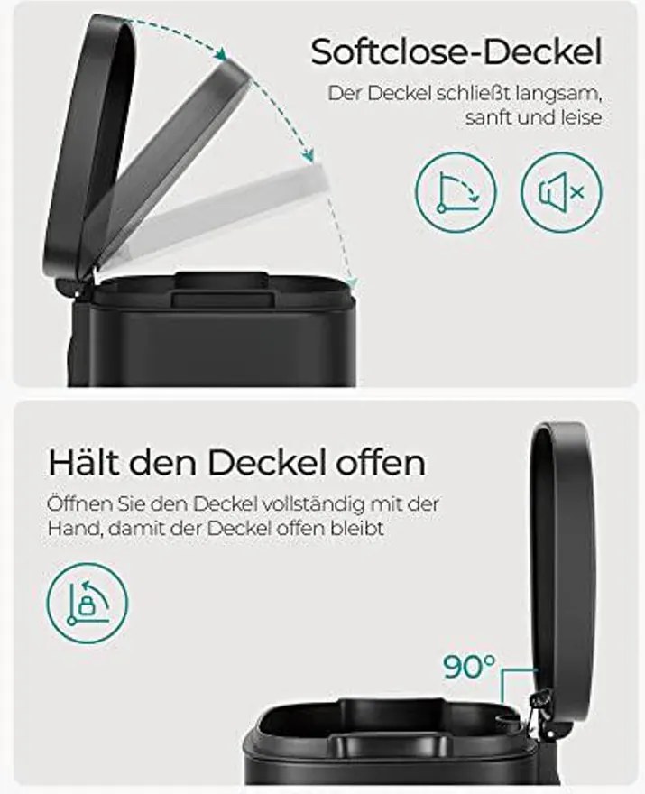 30 literes pedálos szemetes, acél, belső vödörrel, halk záródású fedéllel, fekete