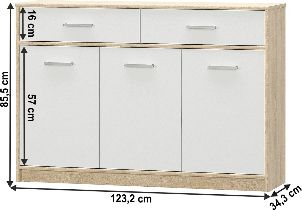 komód 3D2S, fehér/tölgy sonoma, TEYO