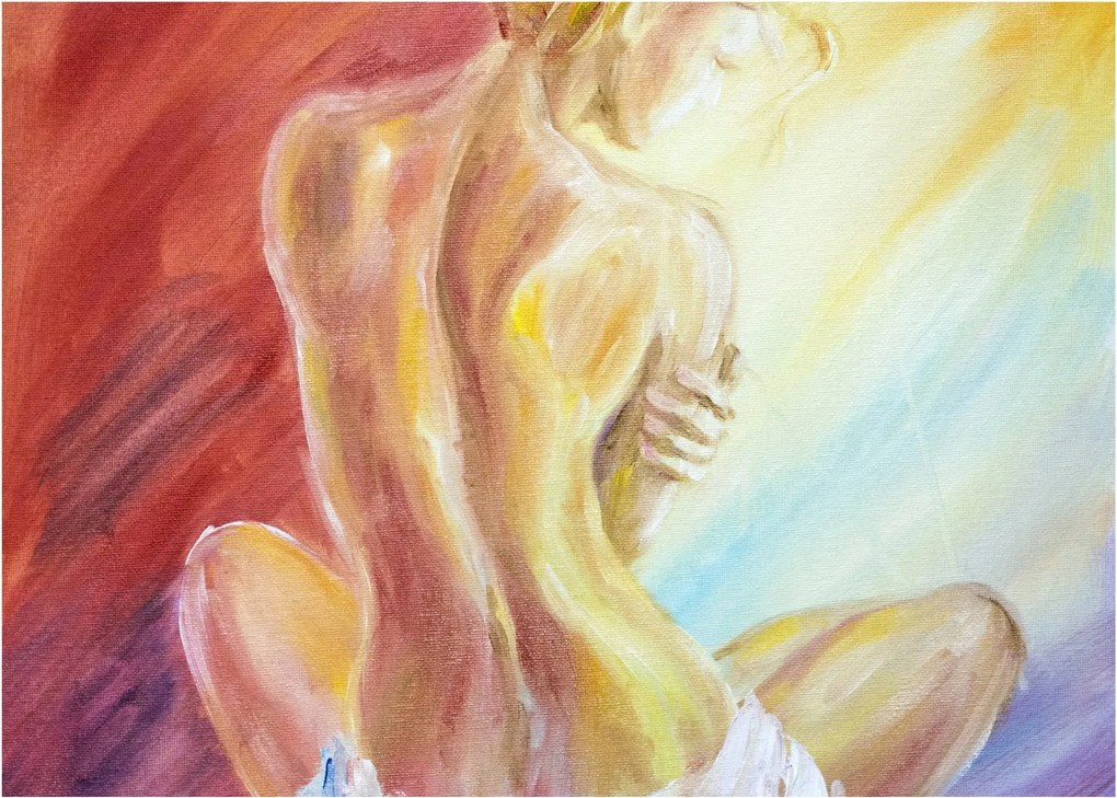 Pihenő nő képe, olajfestmény (üvegen) (70x50 cm)