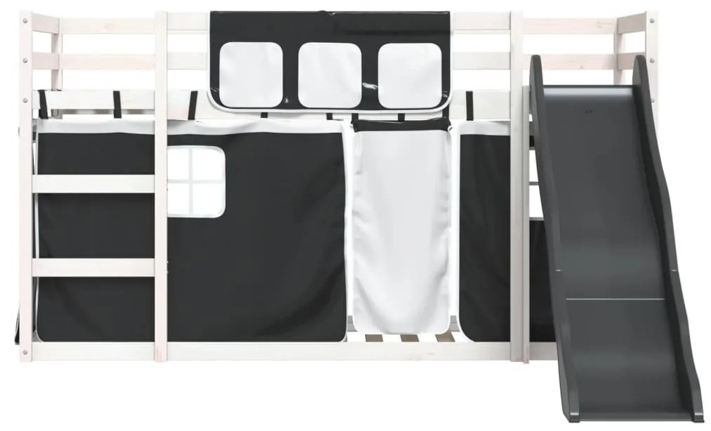 fehér-fekete emeletes ágy csúszdával és függönnyel 90 x 200 cm