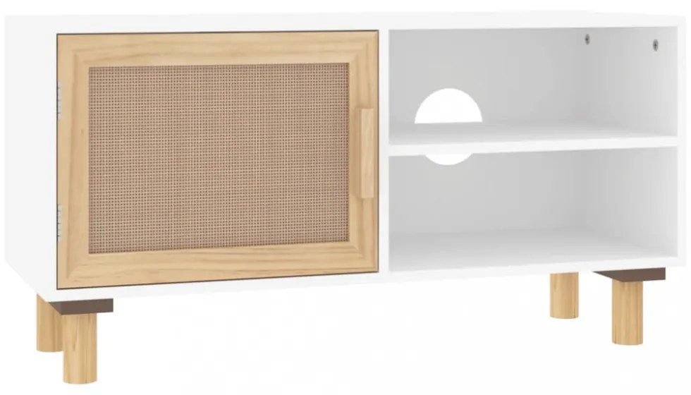 fehér tömör fenyő és természetes rattan TV-szekrény 80x30x40 cm