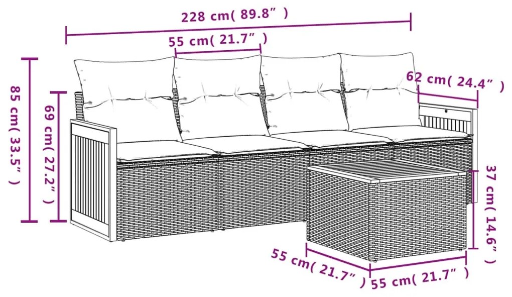 5 részes fekete polyrattan kerti kanapészett párnákkal