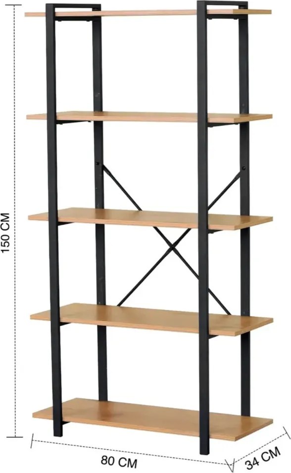 Intenso Home 5 szintes tölgy színű nyitott könyvespolc 80 x 152cm | Univerzális tároló állvány fém lábakkal