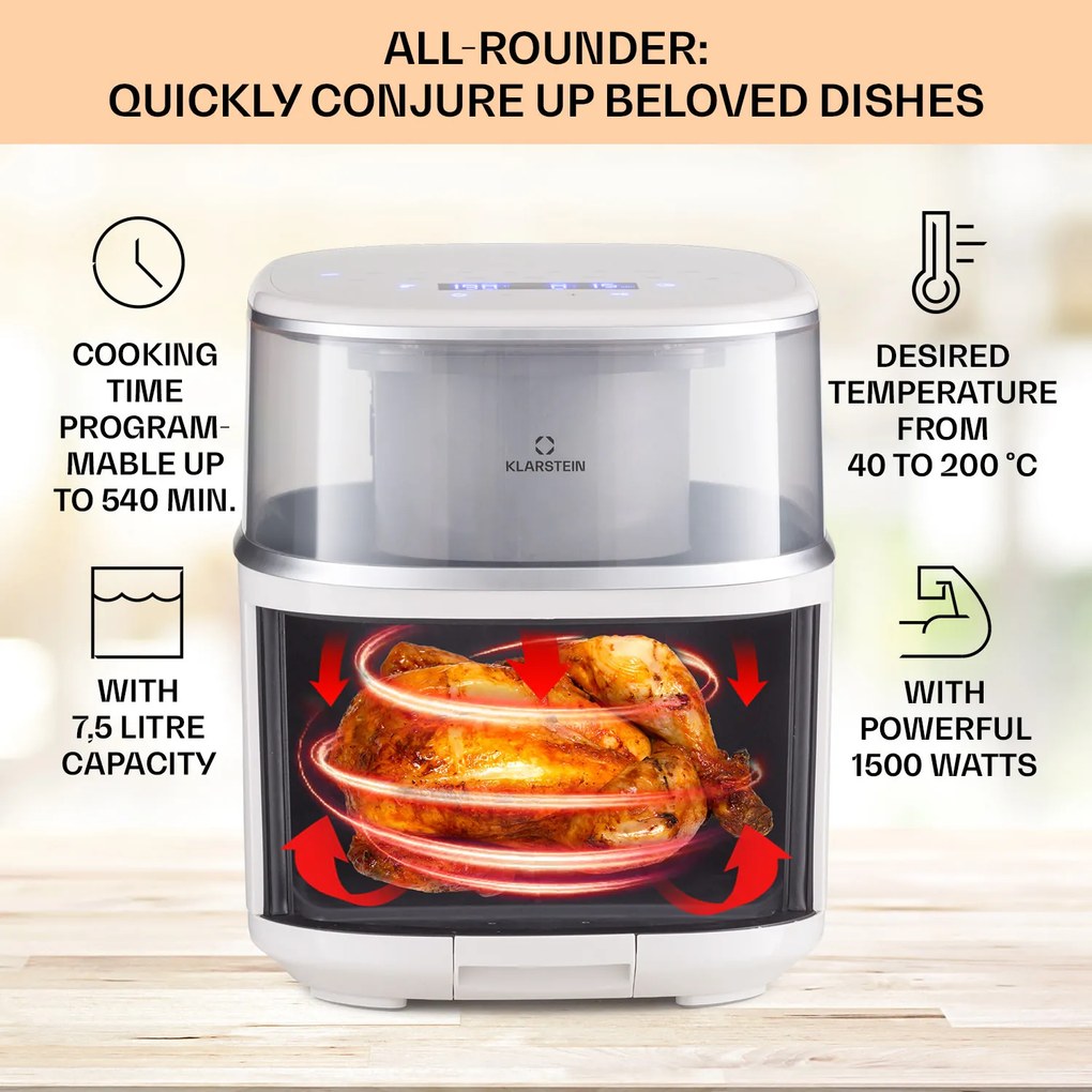 Klarstein Air Bloom, forrólevegős fritőz, 1500 W, 7,5 l, 16 program, gőzölő funkcióval