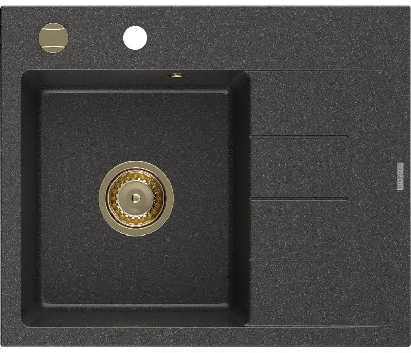 Mexen Ben 1 rekeszes mosogató csepegtetővel, balos 600 x 500 mm, fekete pöttyös, arany szifonnal - 6522605000-76-G
