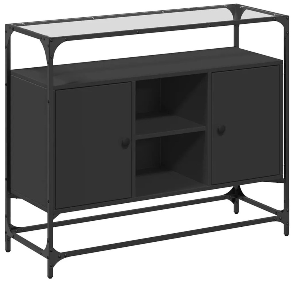 fekete szerelt fa tálalószekrény üveglappal 98 x 35 x 81 cm
