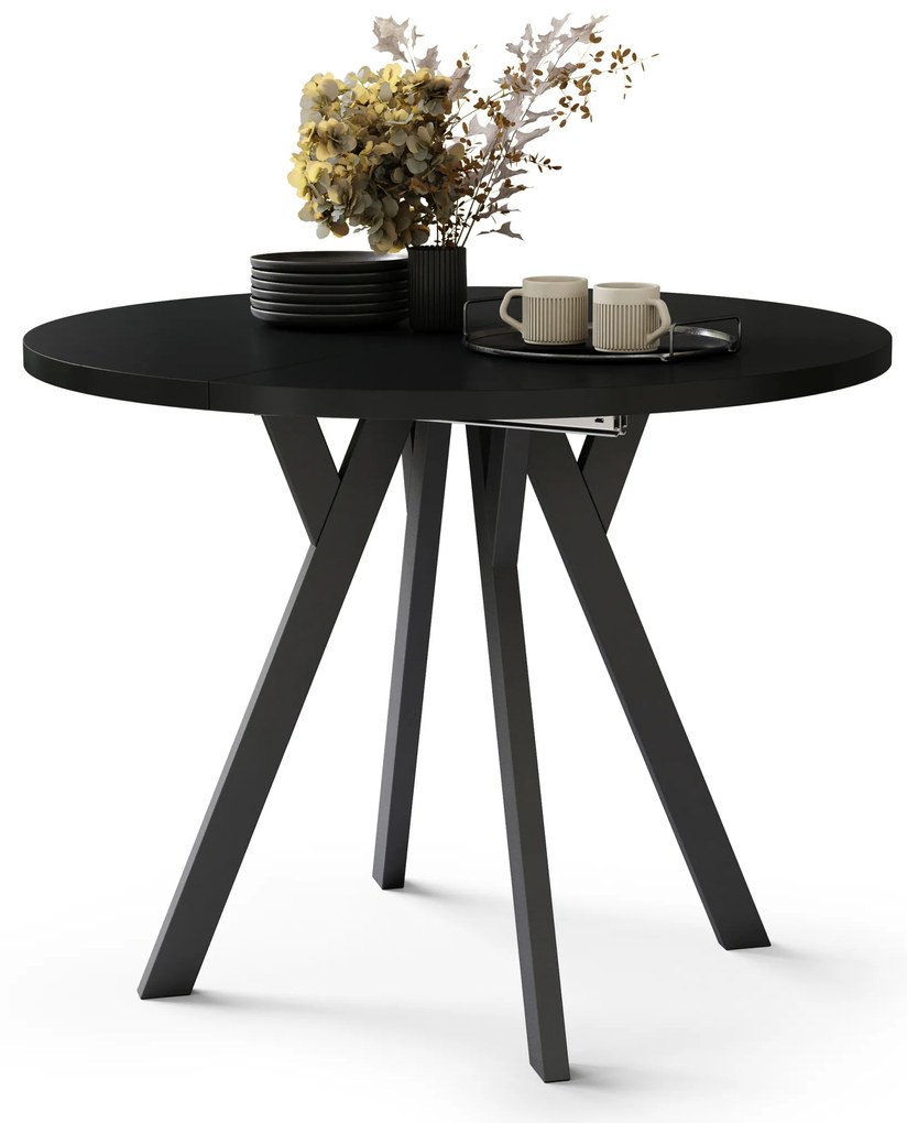 Mazzoni ALMO Fekete/fekete lábak - BŐVÍTHETŐ KEREK ASZTAL Y ALAKÚ LÁBAKKAL LOFT/IPARI STÍLUSÚ NAPPALIBA/ÉTKEZŐBE