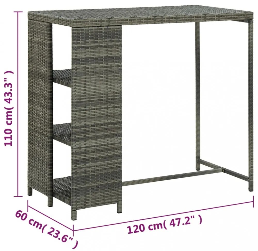 szürke polyrattan bárasztal tárolópolccal 120 x 60 x 110 cm