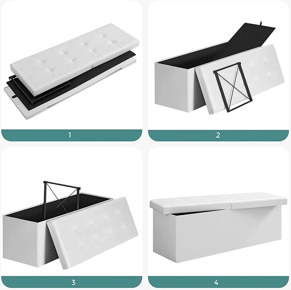 Puff, összecsukható puff tároló pad ottomán 120l, fehér, 110 x 38 x 38 cm