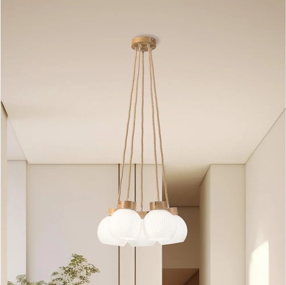 LOOMIS zsinóros csillár, 5×E27/15 W/230 V, 83 cm, bézs/tölgy