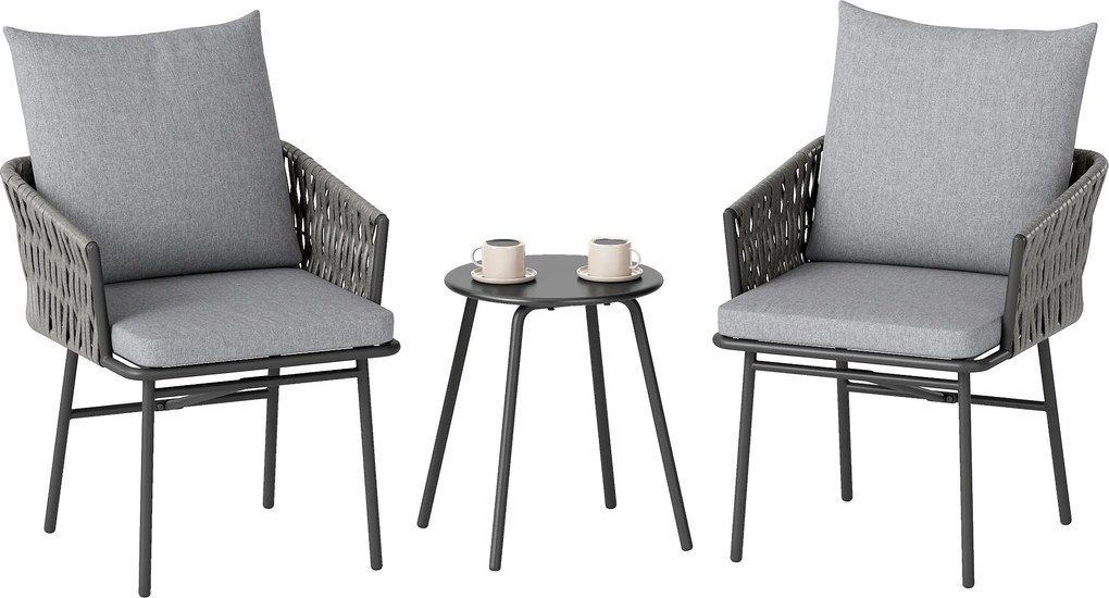 Outsunny 3 részes Rattan Bistro Szett, Ülőgarnitúra, Kert Bútor 2 Kerti Székkel, Kávézóasztal, Levehető Párnákkal, Erkély Bútor Szett Kerthez, Teraszh