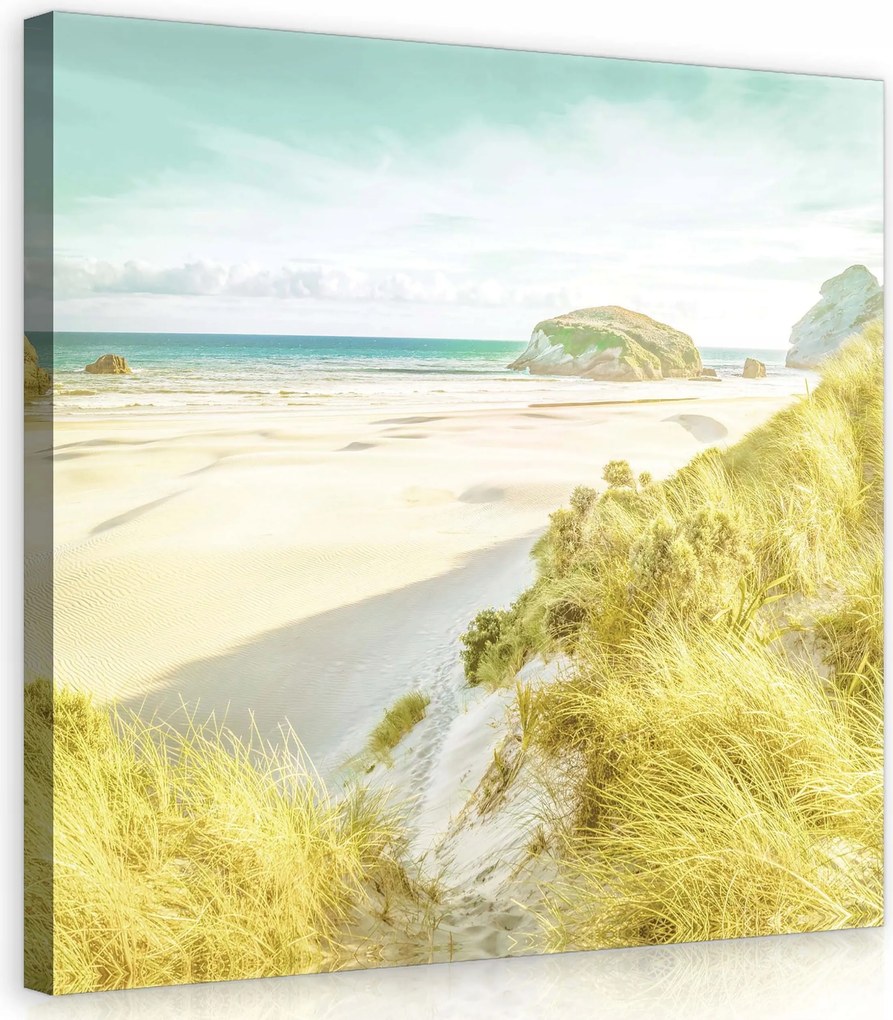 Vászonkép 80x80 Tengerpart homokdűnék sziklák lakatlan nyugalom fény pasztell természet