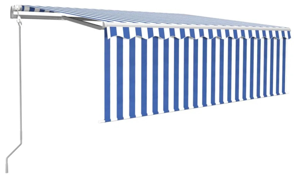 kék és fehér redőnyös, szélérzékelős, LED-es napellenző 4,5x3 m
