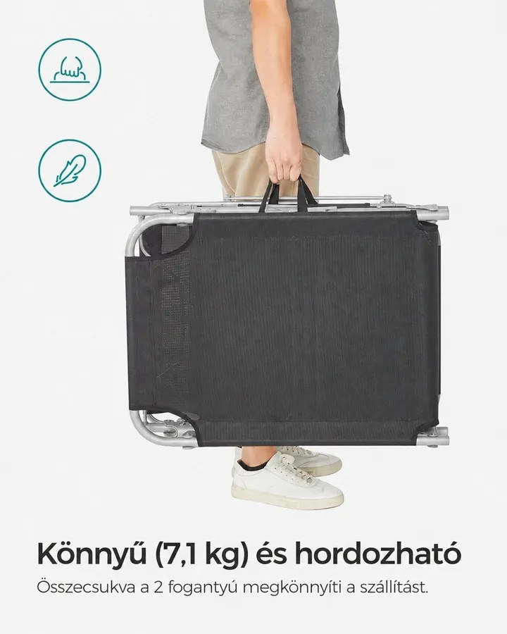 Összecsukható napozóágy napellenzővel 53 x 193 x 29,5 cm, 150 kg-ig terhelhető, sötétszürke