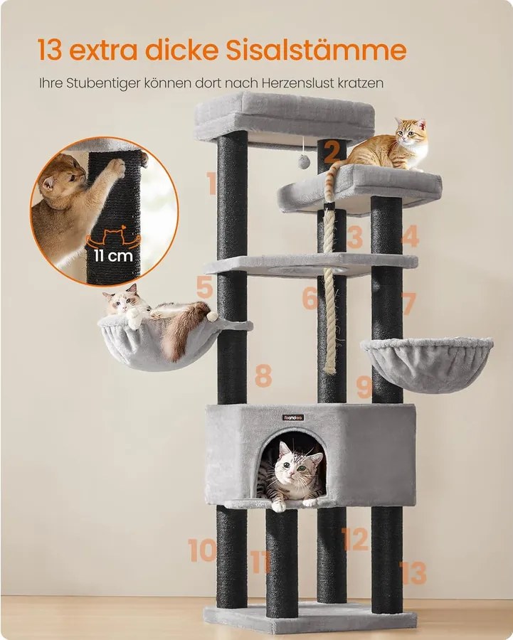 Nagy, Többszintes Macskabútor XXL 55 x 55 x 186,7 cm, szürke, fekete