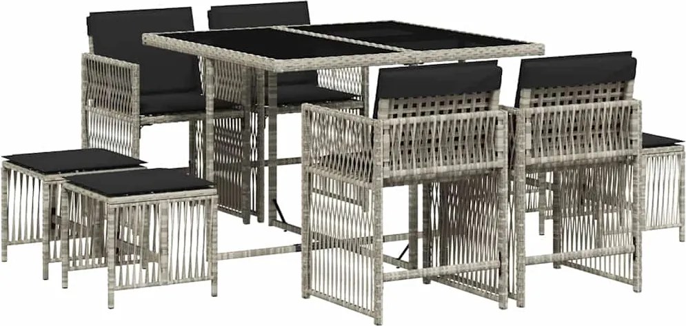 vidaXL 9részes világosszürke polyrattan kerti étkezőgarnitúra párnával