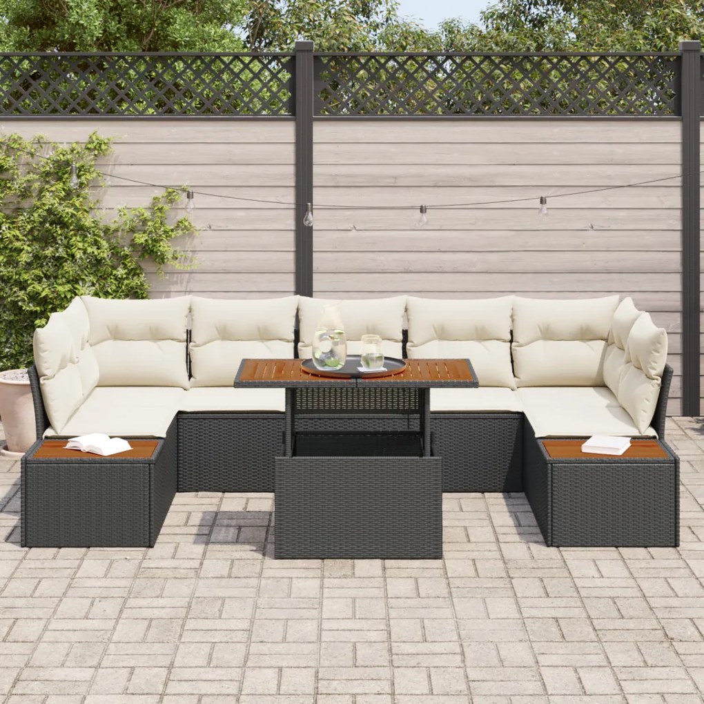 8 Részes Kert Sofa Szett Párnákkal Fekete Poly Rattan
