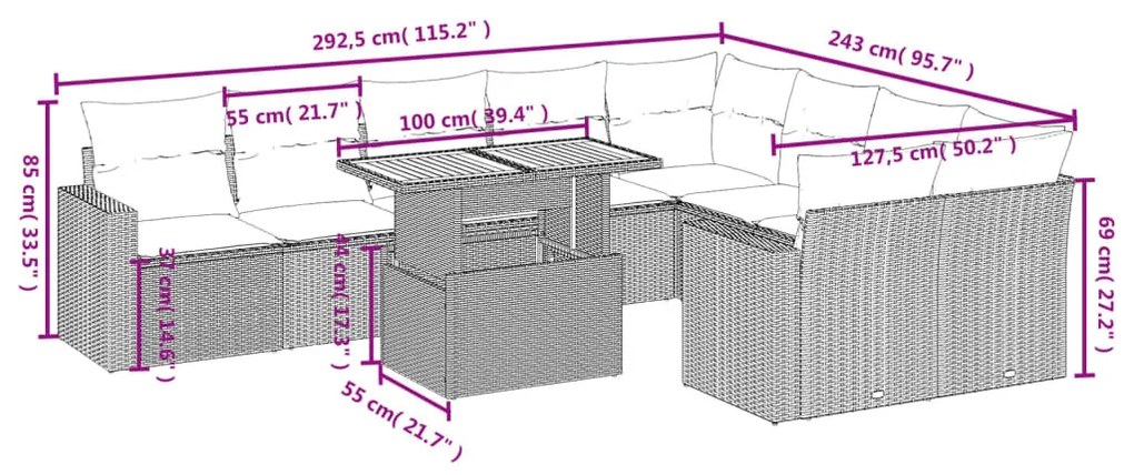 10 részes bézs polyrattan kerti ülőgarnitúra párnával