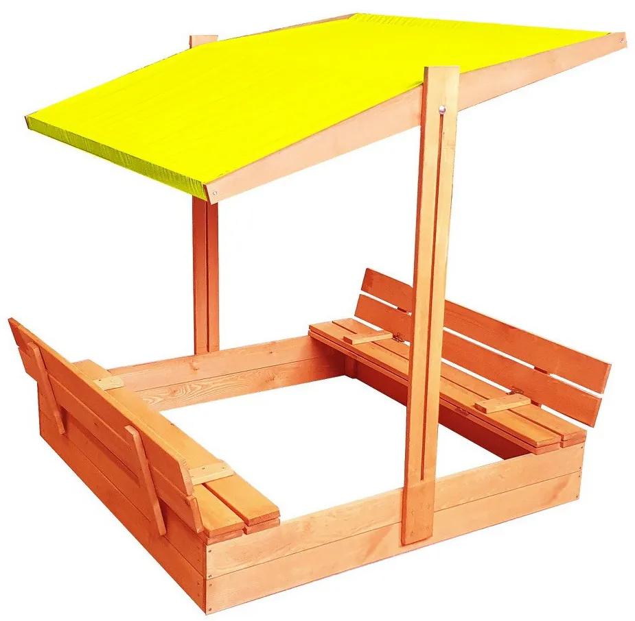 Zárható homokozó padokkal és sárga tetővel 120 x 120 cm