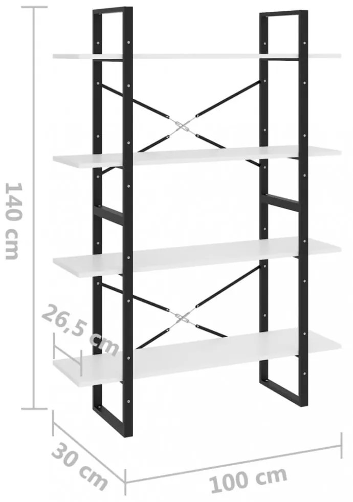 négyszintes fehér szerelt fa könyvszekrény 100 x 30 x 140 cm