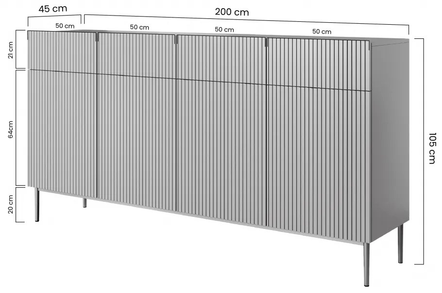 Nicole 200 cm-es komód négy fiókkal - matt fehér / fekete lábak