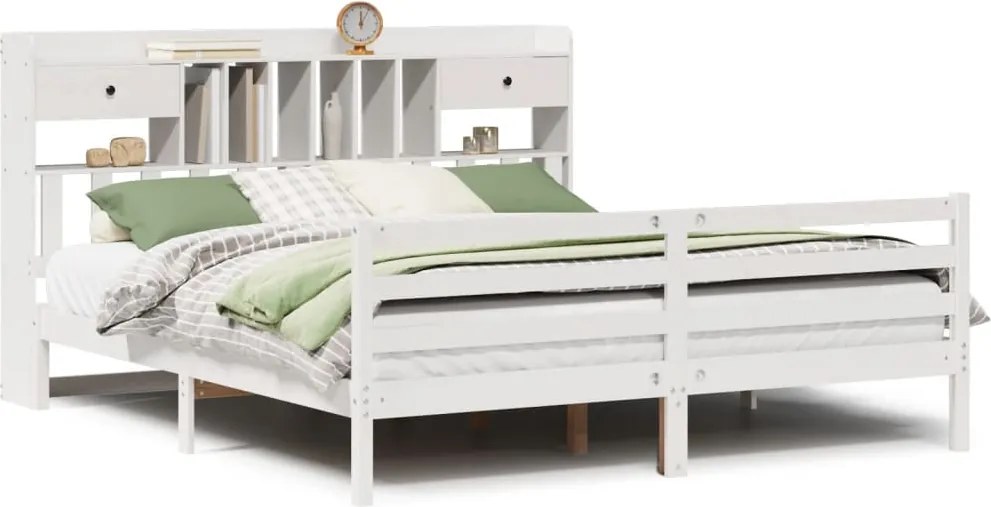 vidaXL fehér tömör fenyőfa könyvespolcos ágy matrac nélkül 180x200 cm