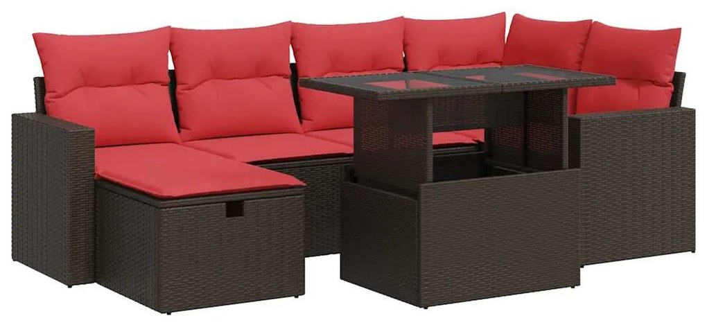 7 részes barna polyrattan akácfa kerti ülőgarnitúra párnával