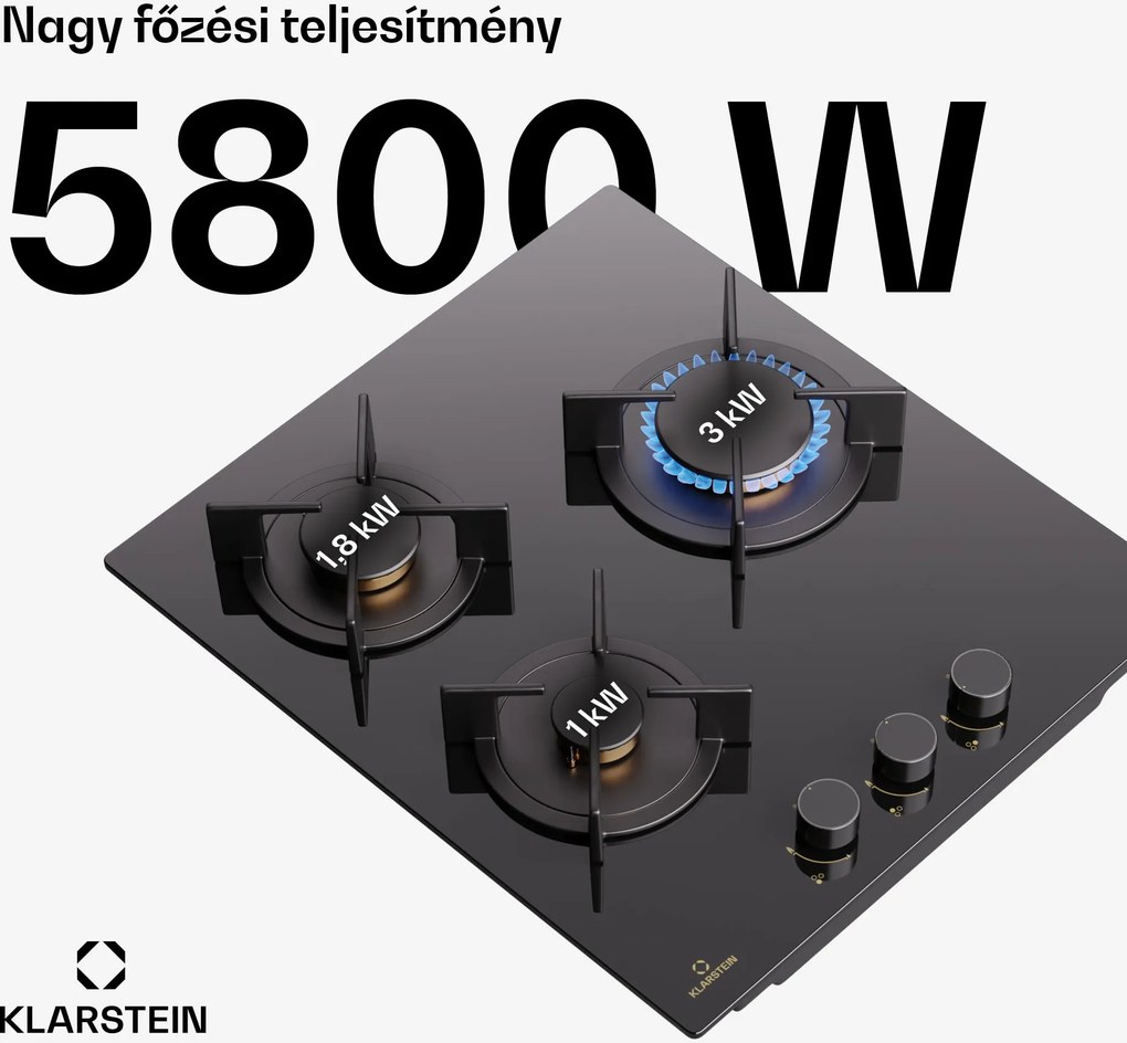 Klarstein Goldflame Domino, gáz főzőlap, 3 sárgaréz égő, rozsdamentes acél