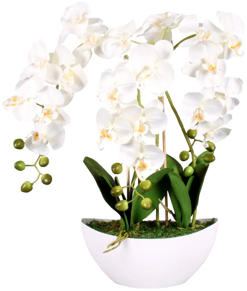 Mű orchidea virágtartóban, fehér, 21 virágos, 60 cm