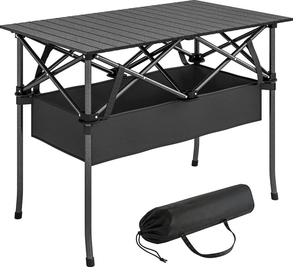 Outsunny összecsukható kempingasztal, 93 x 55 x 68 cm, hordozható gurítható alumínium lappal és tárolóhálóval, fém váz, hordtáska, fekete | Aosom