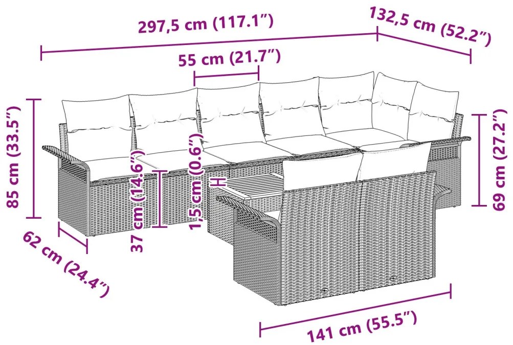 9 darabos kerti kanapészett kárpitokkal, fekete poli rattan akáccal