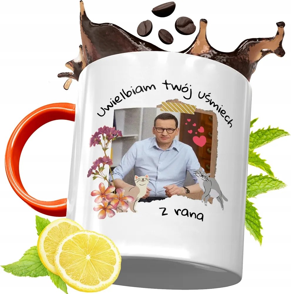 Narancssárga Bögre Mateusz Morawiecki Ajándék fényképes nyomtatással