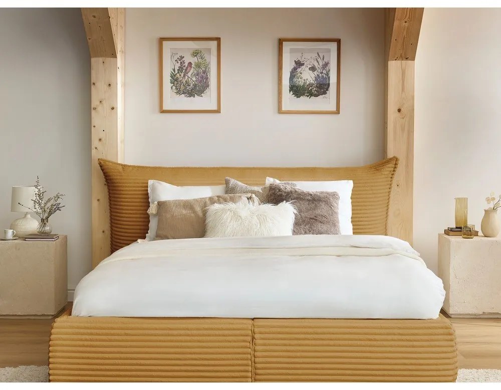 Sárga kárpitozott ágyneműtartós franciaágy ágyráccsal 160x200 cm Jade – Bobochic Paris