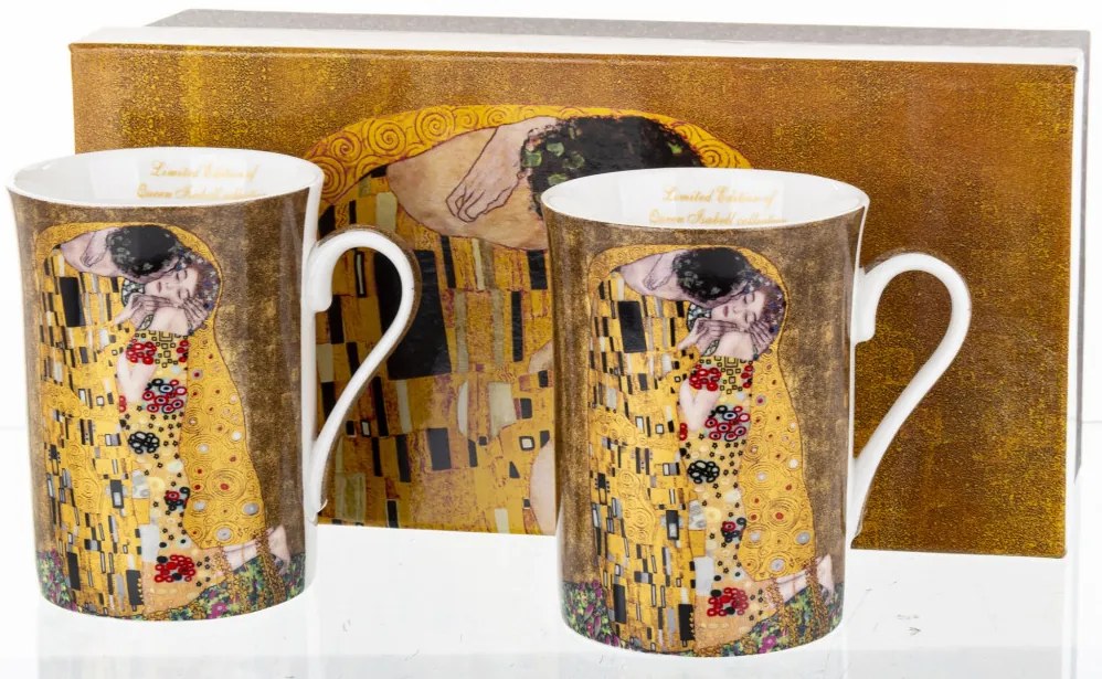 Porcelán 2db-os bögre szett Klimt a csók festményével díszdobozban 10,5x10,5x7,5cm
