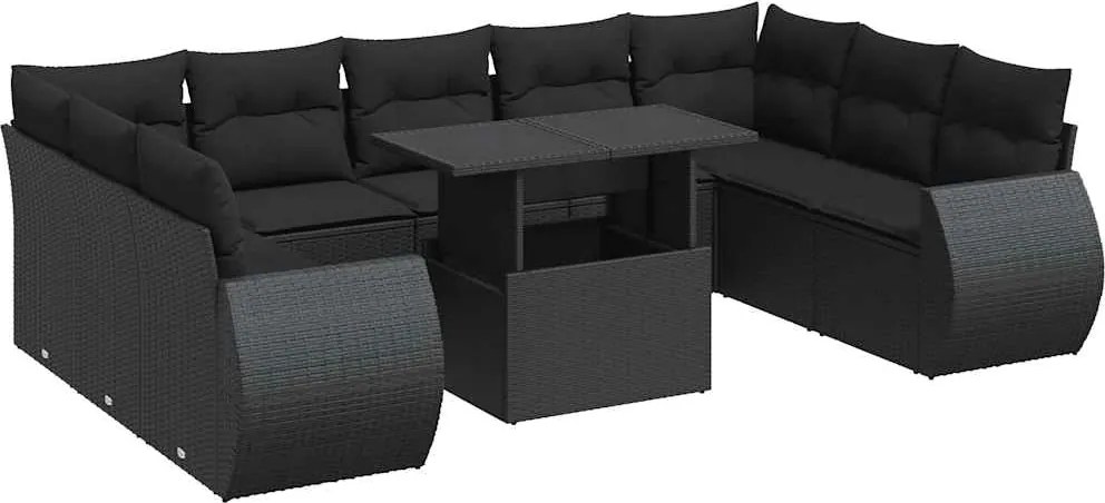 vidaXL 10 részes fekete polyrattan kerti ülőgarnitúra párnákkal
