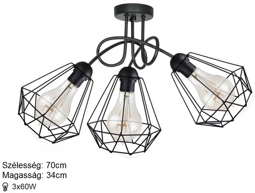KÉSZLETKISÖPRÉS! Glimex Diamond drót búrás fix mennyezeti lámpa fekete 3x E27