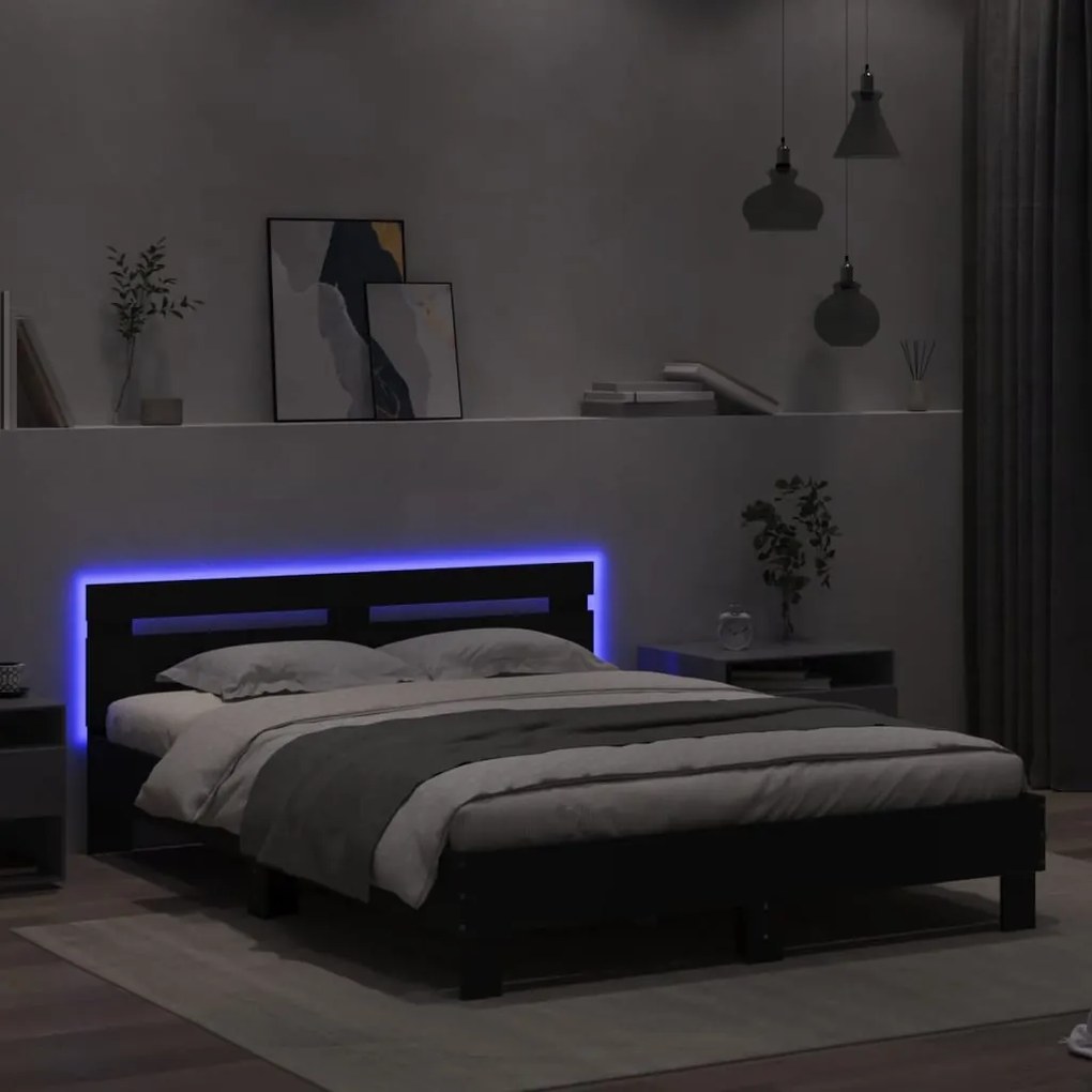 fekete ágykeret fejtámlával és LED-del 140 x 190 cm
