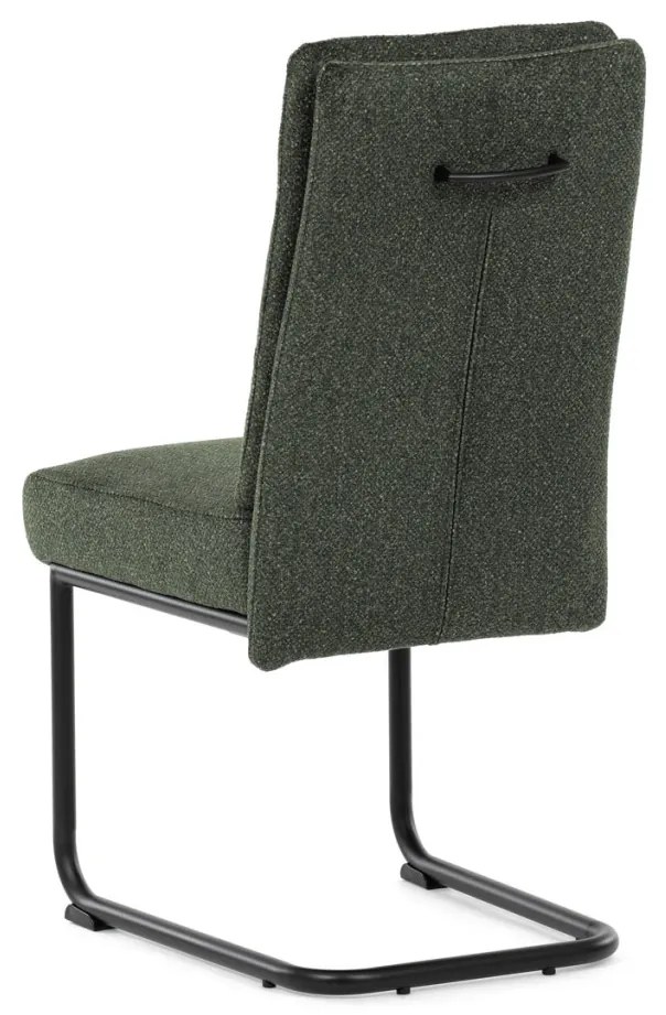 Scaun de sufragerie cu bază de sanie, șezut cu arcuri imbunătațite, mîner pe spătar, material verde, metal negru