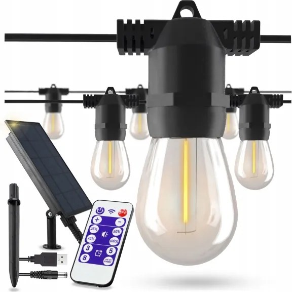 LED Stm napelemes díszfényfüzér 20xE27/3V USB 2400 mAh 20,62 m IP65 fekete + távirányító