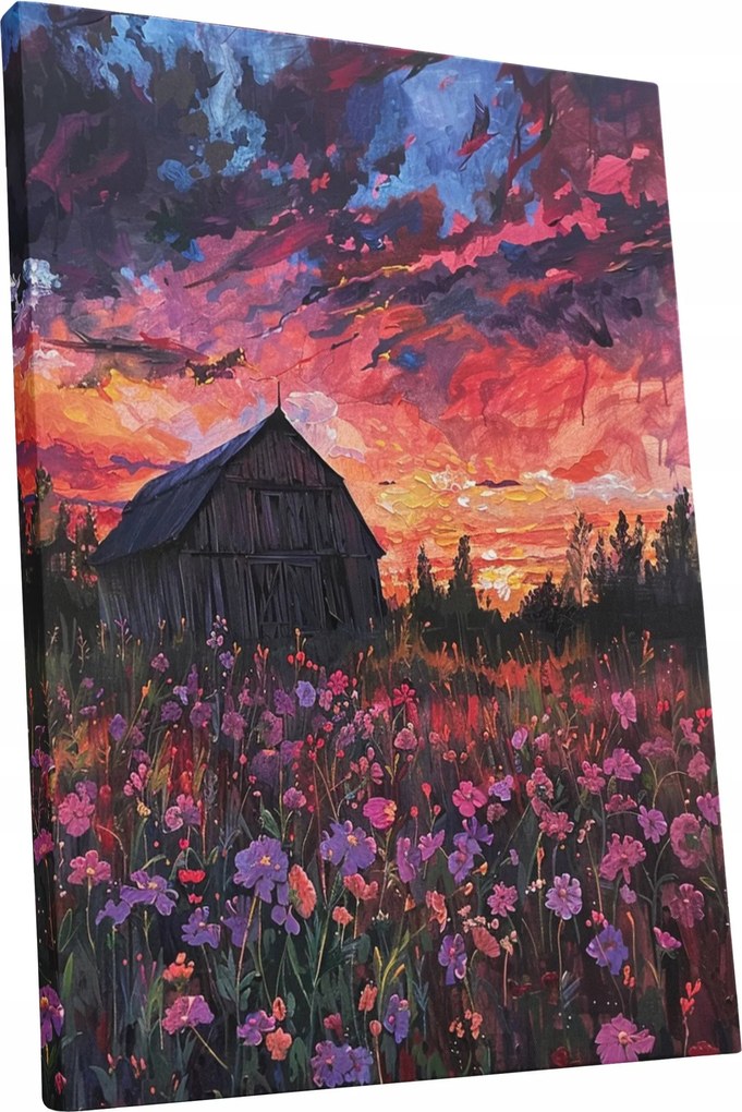 Vászonkép Naplemente virágok táj ház nappali szoba 75x100