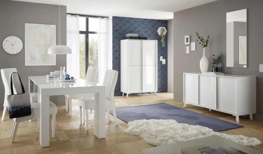 CITY négyajtós komód fehér, magasfényű lakkozott vázzal és előlapokkal