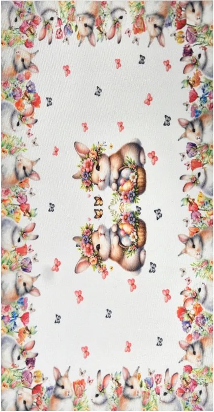 Húsvéti terítő 30x45cm Nyuszik és húsvéti tojások fehérben