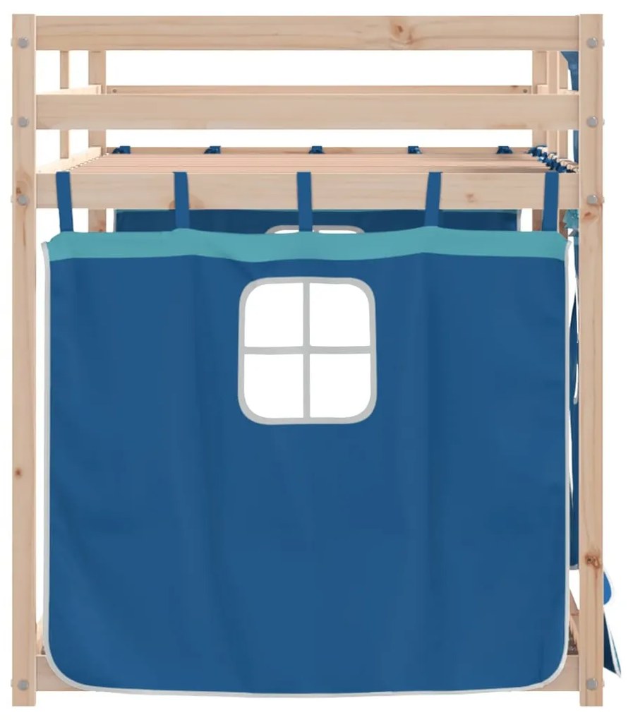 vidaXL kék tömör fenyőfa emeletes ágy függönyökkel 90 x 190 cm
