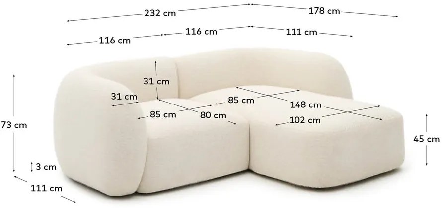 Krémszínű zsenília sarokkanapé (jobb oldali-heverő résszel) Martina – Kave Home