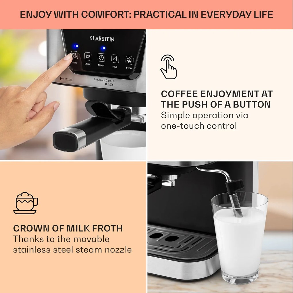 Klarstein Arabica, eszpresszó kávéfőző, 1050 W, 15 bar, 1,5 l, érintős vezérlőpanel, rozsdamentes acél