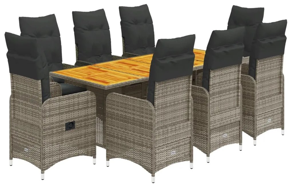 9 részes szürke polyrattan kerti bisztrógarnitúra párnákkal