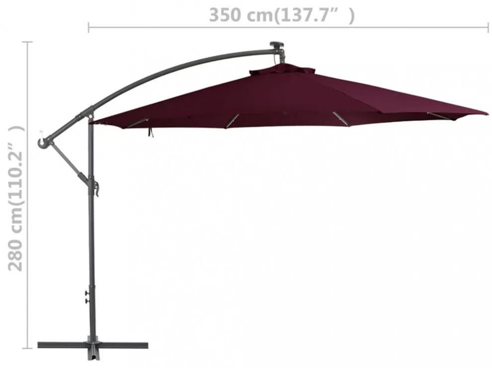 bordó konzolos napernyő LED-világítással 350 cm